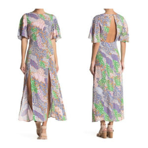 TopShop Patchwork Floral Short Flutter Sleeve Slit Hem Midi Dress Size 2